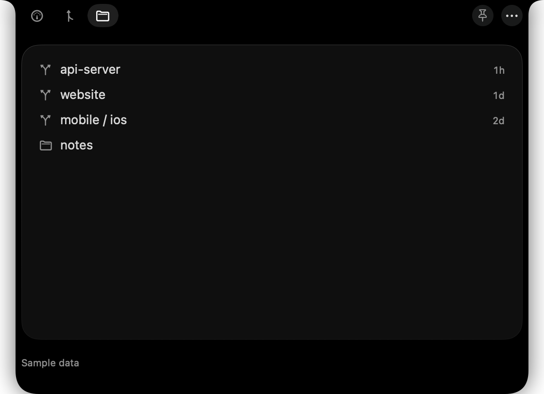 The Projects tab: a list of project folders, repositories marked with a branch glyph, most recently worked on first.