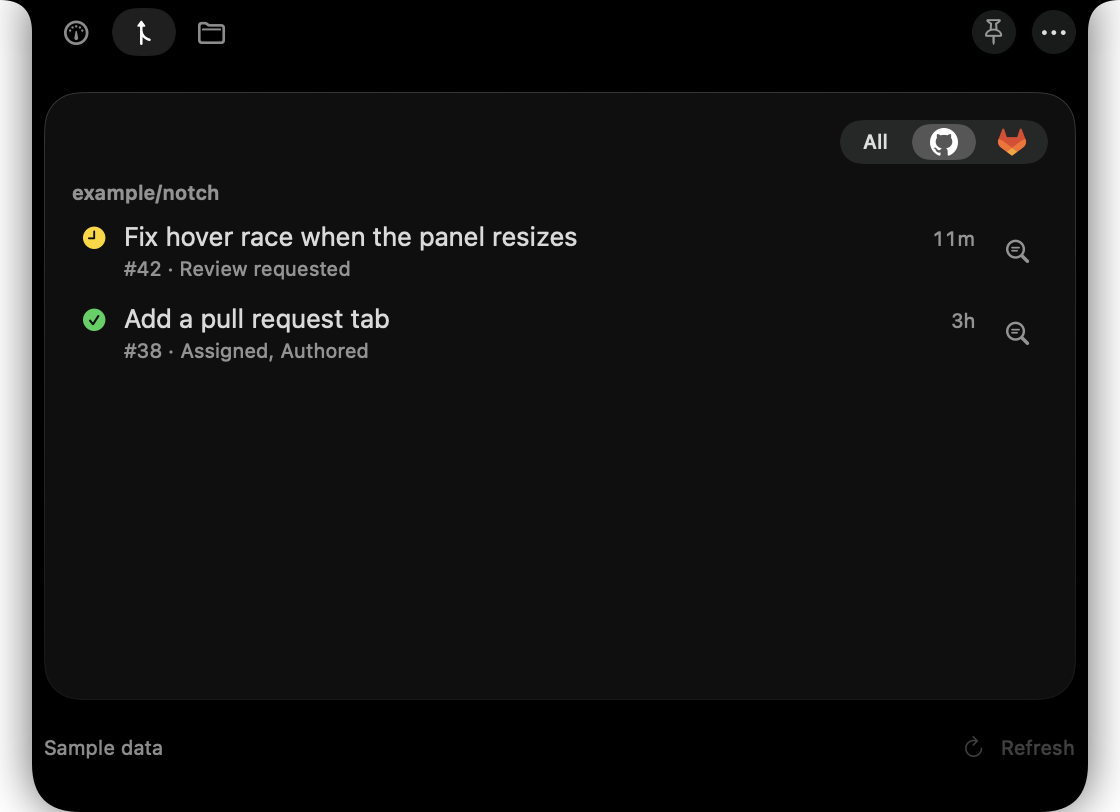 The Pull Requests tab: two pull requests in example/notch, one with review requested and checks running, one authored with checks passed, each with a Code Review button.