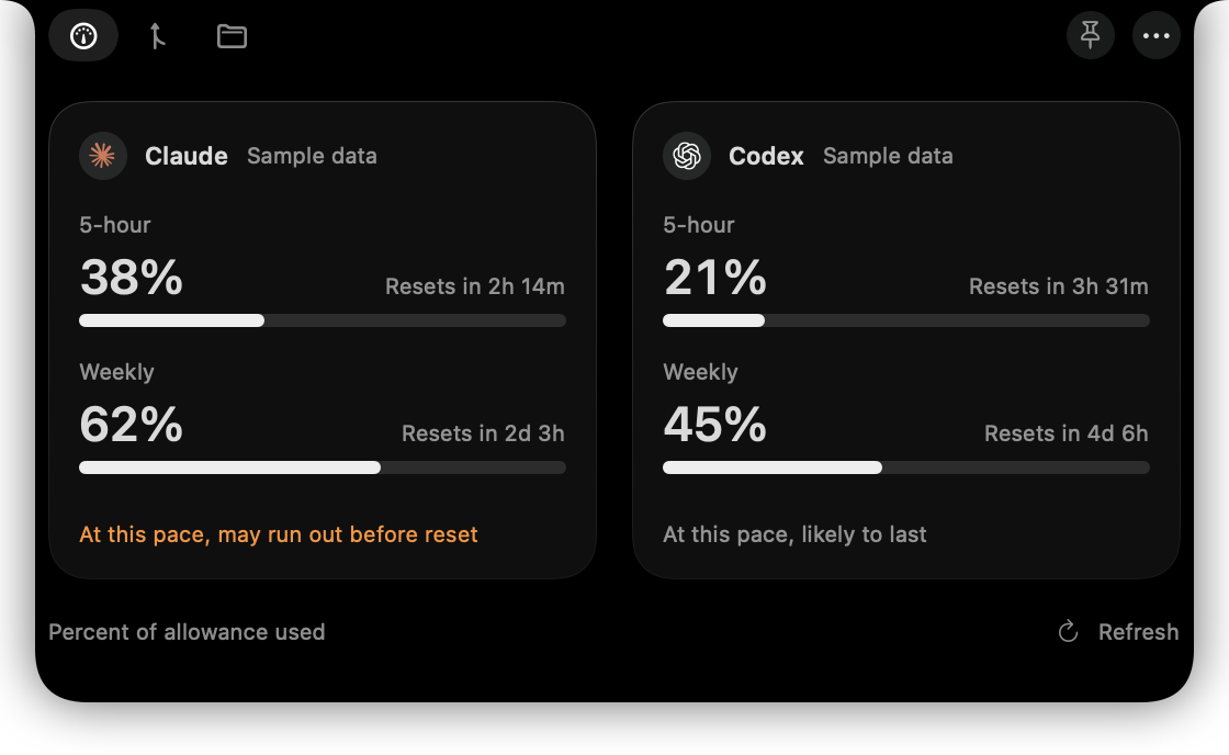 The open notch: Claude at 38% of its 5-hour window and 62% of its weekly window, Codex at 21% and 45%, each with its reset time and a pace estimate.